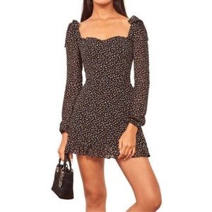 Reformation Dress Elin Confetti Black Mini Dress Long Sleeve Bow Detail Shoulder